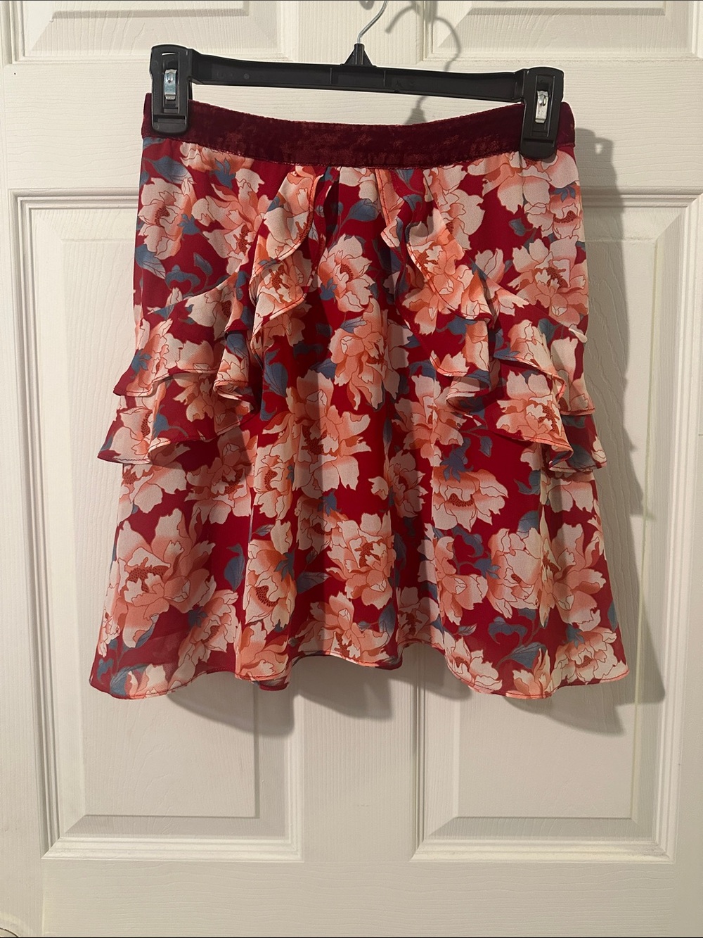For Love & Lemons Burgundy Floral Ruffle Mini Skirt